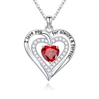 Sterling Silver Cute Sweet Hollow Out Inlay Heart Shape Rose Birthstone Zircon Pendant Necklace sku image 1