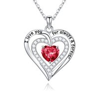 Sterling Silver Cute Sweet Hollow Out Inlay Heart Shape Rose Birthstone Zircon Pendant Necklace sku image 7