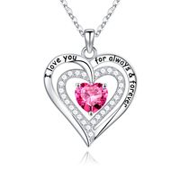 Sterling Silver Cute Sweet Hollow Out Inlay Heart Shape Rose Birthstone Zircon Pendant Necklace sku image 10