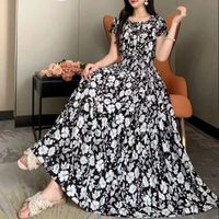 Women's Tea Dress Elegant Sexy Boat Neck Elastic Waist Flowers Hollow Out Short Sleeve Flower Midi Dress Casual Outdoor Daily main image 2