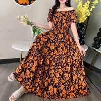Women's Tea Dress Elegant Sexy Boat Neck Elastic Waist Flowers Hollow Out Short Sleeve Flower Midi Dress Casual Outdoor Daily main image 3