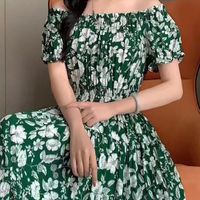 Women's Tea Dress Elegant Sexy Boat Neck Elastic Waist Flowers Hollow Out Short Sleeve Flower Midi Dress Casual Outdoor Daily main image 4