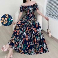 Women's Tea Dress Elegant Sexy Boat Neck Printing Elastic Waist Hollow Out Short Sleeve Leaf Flower Midi Dress Casual Outdoor Daily main image 2