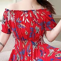 Women's Tea Dress Elegant Sexy Boat Neck Printing Elastic Waist Hollow Out Short Sleeve Leaf Flower Midi Dress Casual Outdoor Daily main image 5