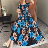 Women's Tea Dress Elegant Sexy Boat Neck Printing Elastic Waist Hollow Out Short Sleeve Leaf Flower Midi Dress Casual Outdoor Daily main image 3