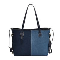 Women's Large Pu Leather Color Block Basic Sewing Thread Zipper Tote Bag sku image 2