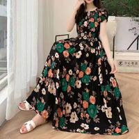 Women's Tea Dress Elegant Sexy Boat Neck Elastic Waist Flowers Hollow Out Short Sleeve Flower Midi Dress Casual Outdoor Daily main image 2