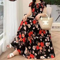 Women's Tea Dress Elegant Sexy Boat Neck Elastic Waist Flowers Hollow Out Short Sleeve Flower Midi Dress Casual Outdoor Daily main image 1