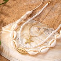 Ferien Tropisch Seestern Kunststoff Hülse Zinklegierung Perlen Überzug 14 Karat Vergoldet Frau Dreilagige Halskette main image 5