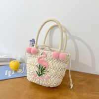 Women's Small Straw Letter Flamingo Flower Vacation Beach Weave Open Straw Bag sku image 2