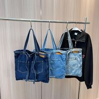 Women's Large Denim Solid Color Streetwear Magnetic Buckle Tote Bag main image 6
