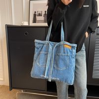 Women's Large Denim Solid Color Streetwear Magnetic Buckle Tote Bag main image 4