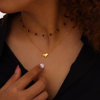 304 Stainless Steel Natural Stone 18K Gold Plated Elegant Simple Style Beaded Plating Round Heart Shape Double Layer Necklaces main image 4