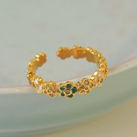 Copper 18K Gold Plated Sweet Simple Style Flowers Leaf Zircon Open Rings main image 4