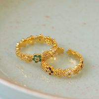 Copper 18K Gold Plated Sweet Simple Style Flowers Leaf Zircon Open Rings main image 5