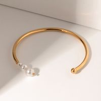 IG Style Solid Color 304 Stainless Steel Imitation Pearl 18K Gold Plated Bangle In Bulk main image 5