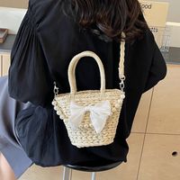 Women's Straw Solid Color Bow Knot Beach Weave Sewing Thread String Handbag Crossbody Bag Bucket Bag main image 5