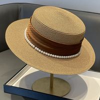 Women's Simple Style Solid Color Pearl Straps Flat Eaves Fedora Hat sku image 12
