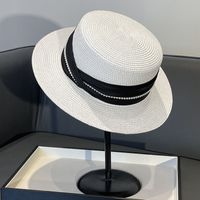 Women's Simple Style Solid Color Pearl Straps Flat Eaves Fedora Hat sku image 15