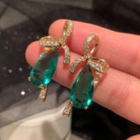 1 Pair IG Style Modern Style Classic Style Water Droplets Bow Knot Inlay Brass Zircon 14K Gold Plated Drop Earrings main image 3
