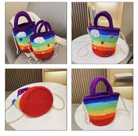 Women's Medium Plush Rainbow Stripe Cute Beading Weave Bucket Open Crossbody Bag main image 7