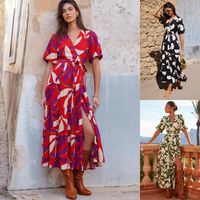 Women's Regular Dress Vacation V Neck Printing Belt Short Sleeve Printing Maxi Long Dress Holiday Beach main image 1