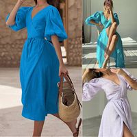 Women's Regular Dress Simple Style V Neck Short Sleeve Solid Color Midi Dress Holiday Daily Beach main image 1