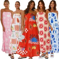 Women's Swing Dress Vacation Boat Neck Printing Belt Sleeveless Hand Fruit Maxi Long Dress Holiday Beach main image 1