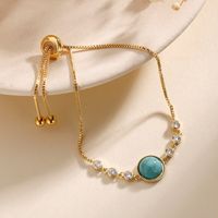 Copper 18K Gold Plated Modern Style Simple Style Inlay Round Turquoise Zircon Bracelets main image 3