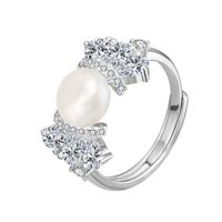 Sterling Silver White Gold Plated Elegant Glam Plating Inlay Solid Color Pearl Zircon Open Rings sku image 1