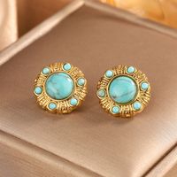 1 Pair Vintage Style Simple Style Geometric Oval Plating Inlay 304 Stainless Steel Artificial Pearls Turquoise Opal 18K Gold Plated Ear Studs main image 8