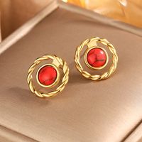 1 Pair Vintage Style Simple Style Geometric Oval Plating Inlay 304 Stainless Steel Artificial Pearls Turquoise Opal 18K Gold Plated Ear Studs main image 10