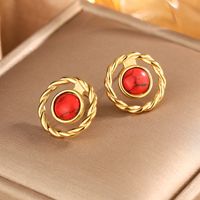 1 Par Estilo Vintage Estilo Simple Geométrico Oval Enchapado Embutido Acero Inoxidable 304 Perlas Artificiales Turquesa Ópalo Chapados en oro de 18k Pendientes main image 10