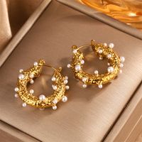 1 Pair Vintage Style Simple Style Geometric Oval Plating Inlay 304 Stainless Steel Artificial Pearls Turquoise Opal 18K Gold Plated Ear Studs main image 12