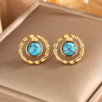 1 Pair Vintage Style Simple Style Geometric Oval Plating Inlay 304 Stainless Steel Artificial Pearls Turquoise Opal 18K Gold Plated Ear Studs main image 9