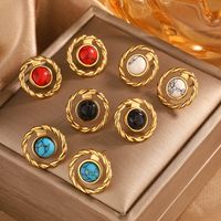 1 Pair Vintage Style Simple Style Geometric Oval Plating Inlay 304 Stainless Steel Artificial Pearls Turquoise Opal 18K Gold Plated Ear Studs main image 11