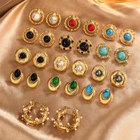 1 Pair Vintage Style Simple Style Geometric Oval Plating Inlay 304 Stainless Steel Artificial Pearls Turquoise Opal 18K Gold Plated Ear Studs main image 1