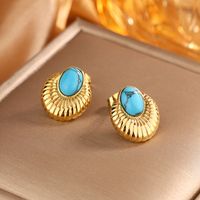 1 Pair Vintage Style Simple Style Geometric Oval Plating Inlay 304 Stainless Steel Artificial Pearls Turquoise Opal 18K Gold Plated Ear Studs sku image 10