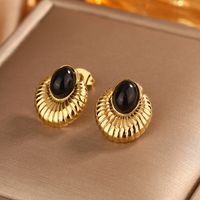 1 Pair Vintage Style Simple Style Geometric Oval Plating Inlay 304 Stainless Steel Artificial Pearls Turquoise Opal 18K Gold Plated Ear Studs sku image 8