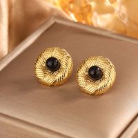 1 Pair Vintage Style Simple Style Geometric Oval Plating Inlay 304 Stainless Steel Artificial Pearls Turquoise Opal 18K Gold Plated Ear Studs sku image 5