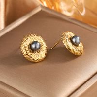 1 Pair Vintage Style Simple Style Geometric Oval Plating Inlay 304 Stainless Steel Artificial Pearls Turquoise Opal 18K Gold Plated Ear Studs sku image 6