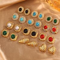 1 Pair Vintage Style Shiny Geometric Plating Inlay 304 Stainless Steel Turquoise Rhinestones Opal 18K Gold Plated Ear Studs main image 1