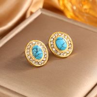 1 Pair Vintage Style Shiny Geometric Plating Inlay 304 Stainless Steel Turquoise Rhinestones Opal 18K Gold Plated Ear Studs main image 13
