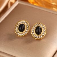 1 Pair Vintage Style Shiny Geometric Plating Inlay 304 Stainless Steel Turquoise Rhinestones Opal 18K Gold Plated Ear Studs sku image 6