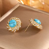 1 Pair Vintage Style Shiny Geometric Plating Inlay 304 Stainless Steel Turquoise Rhinestones Opal 18K Gold Plated Ear Studs sku image 11
