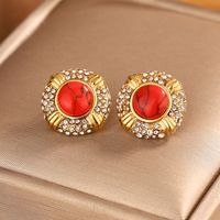1 Pair Vintage Style Shiny Geometric Plating Inlay 304 Stainless Steel Turquoise Rhinestones Opal 18K Gold Plated Ear Studs sku image 12