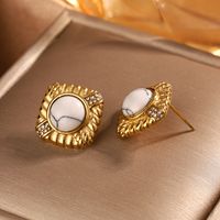 1 Pair Vintage Style Shiny Geometric Plating Inlay 304 Stainless Steel Turquoise Rhinestones Opal 18K Gold Plated Ear Studs sku image 1