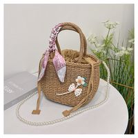 Women's Medium Straw Solid Color Flower Vacation Beach Beading Weave Square String Straw Bag main image 2