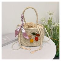 Women's Medium Straw Solid Color Flower Vacation Beach Beading Weave Square String Straw Bag main image 3