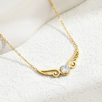 304 Stainless Steel 18K Gold Plated IG Style Bohemian Classic Style Inlay Angel Wings Zircon Pendant Necklace main image 6
